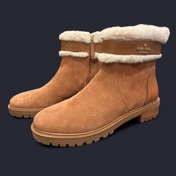 Kate Spade Bailee Winter Tan Ankle Boots with Cream Trim - Picture 1 of 10